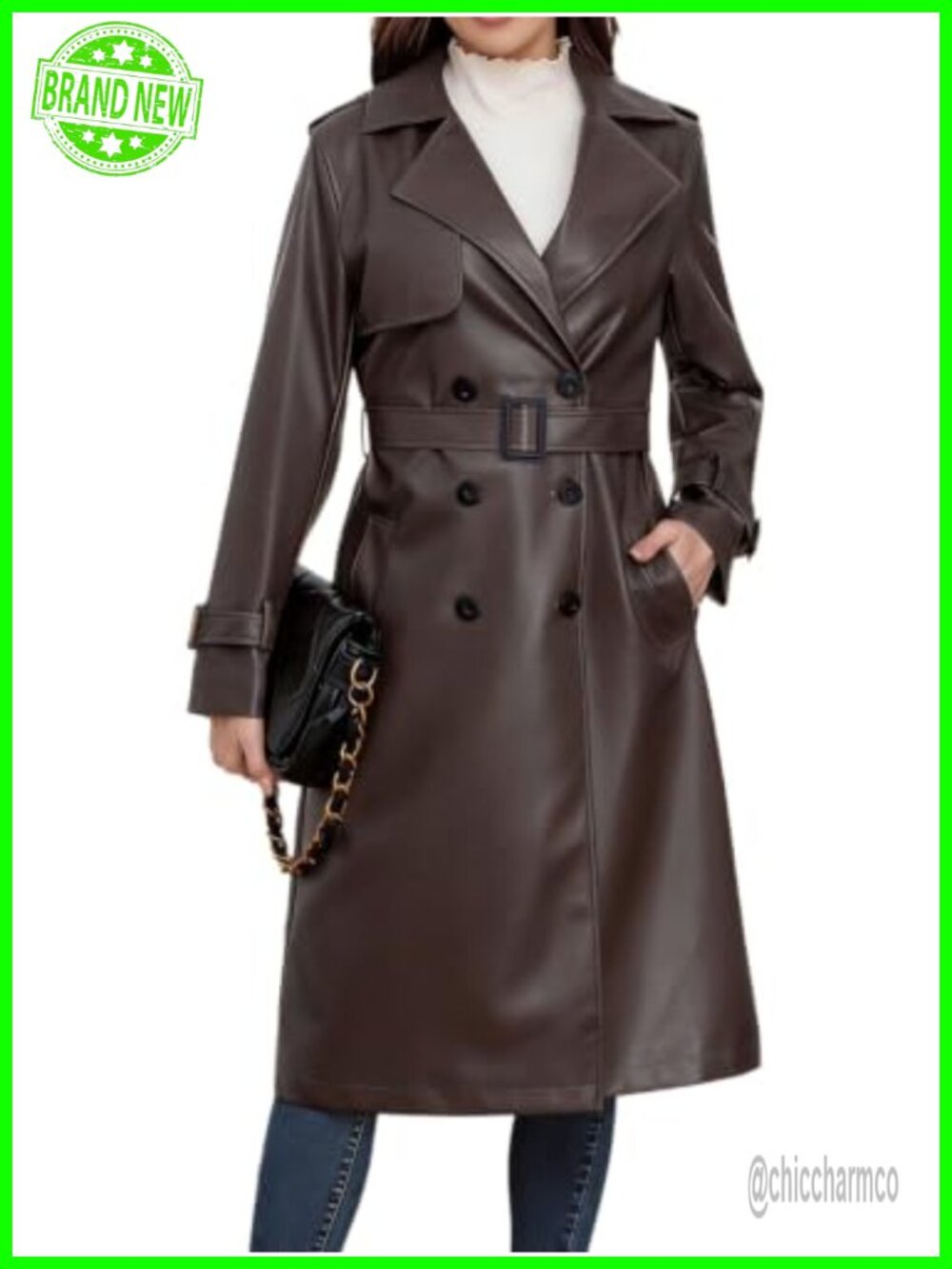Faux Leather Trench Coat Belted Double Breasted Long Jacket